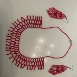 Elegant Red Beaded Necklace and Earring Set